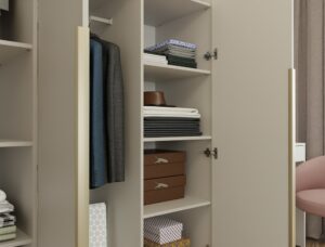 SZAFA SENSO 3D 150 CM 3 DRZWI ZŁOTE UCHWYTY DO SALONU SYPIALNI KASZMIR BEŻ - obrazek 4