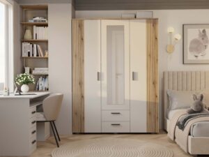 SZAFA AVA 150 CM LUSTRO 2 SZUFLADY RYFLOWANY FRONT DĄB EVOKE KASZMIR BEŻ - obrazek 2