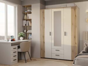 SZAFA AVA 150 CM LUSTRO 2 SZUFLADY RYFLOWANY FRONT DĄB EVOKE KASZMIR BEŻ - obrazek 4