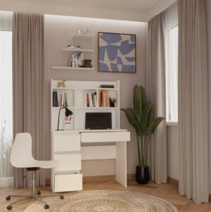 Biurko MIJAS Lewe Z Nadstawką Biel Mat 4 Szuflady 4 Półki Do Biura Pokoju - obrazek 3