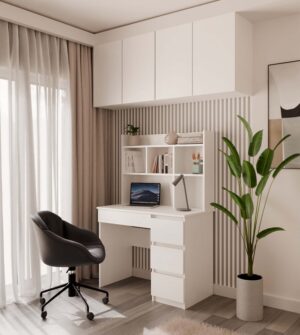 Biurko MIJAS Lewe Z Nadstawką Biel Mat 4 Szuflady 4 Półki Do Biura Pokoju - obrazek 6