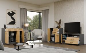 Szafka RTV SIMPLO 1D2S Stolik TV 2 Szuflady 1 Drzwi ANTRACYT DĄB ARTISAN - obrazek 3