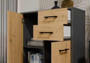 Komoda SIMPLO 2D2S Szafka 2 Szuflady 2 Drzwi Do Salonu ANTRACYT DĄB ARTISAN - obrazek 3