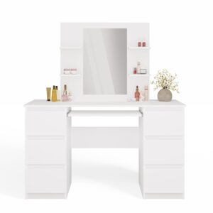 Toaletka Kosmetyczna Z Lustrem Do Makijażu Zestaw MARINA 4P + KUBA Biurko BIAŁA - obrazek 6