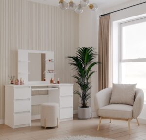 Toaletka Kosmetyczna Z Lustrem Do Makijażu Zestaw MARINA 4P + KUBA Biurko BIAŁA - obrazek 2