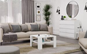 Stolik Kawowy Z Półką Pod Blatem SQUARE BIAŁY Ława Do Salonu Pokoju - obrazek 2