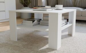 Stolik Kawowy Z Półką Pod Blatem SQUARE BIAŁY Ława Do Salonu Pokoju - obrazek 5